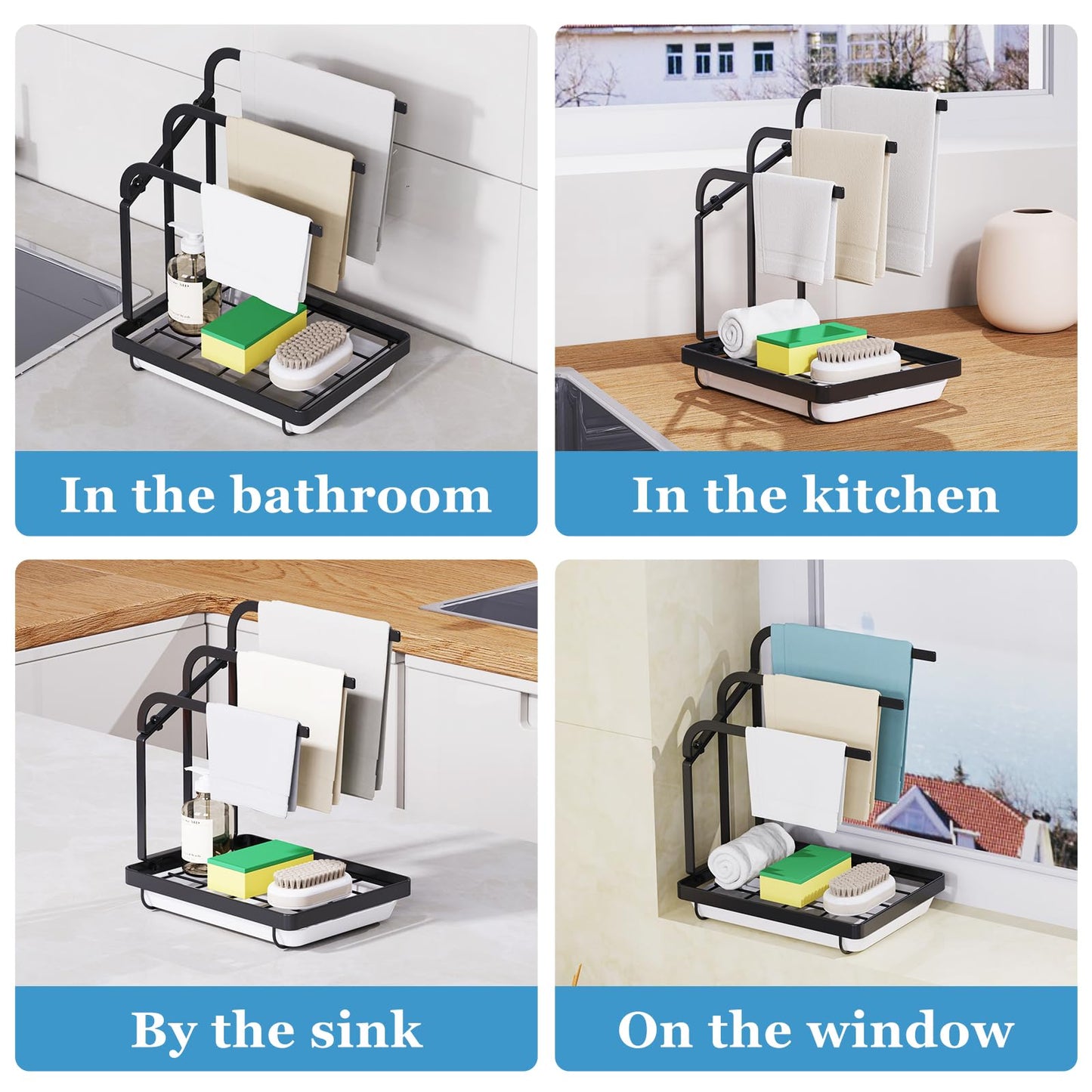 Apsan Sponge Holder with Drain Pan for Kitchen Sink, Kitchen Sink Caddy Organizer for Sponge Brush Soap Dish Dishcloth Rack, Small Black