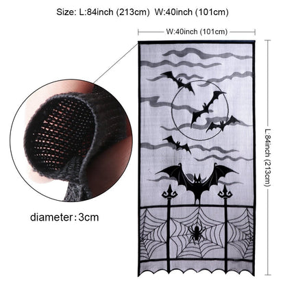 AerWo Halloween Curtains, 2PCS Spider Web Bats Curtains, Black Lace Door Curtain Panel Decor for Halloween Window Decorations, 40 x 84 Inch