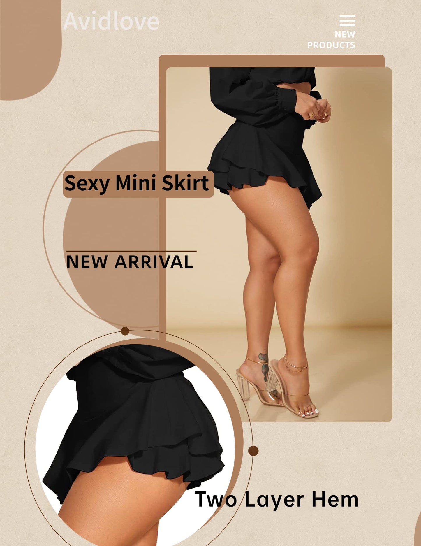 Avidlove Mini Skirt for Women Sexy Ruffle Trim Lingerie Skirt Short High Waist Double Layer Hem Solid Skirt(Black,XL)