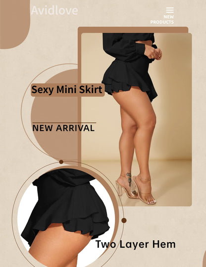 Avidlove Mini Skirt for Women Sexy Ruffle Trim Lingerie Skirt Short High Waist Double Layer Hem Solid Skirt(Black,XL)