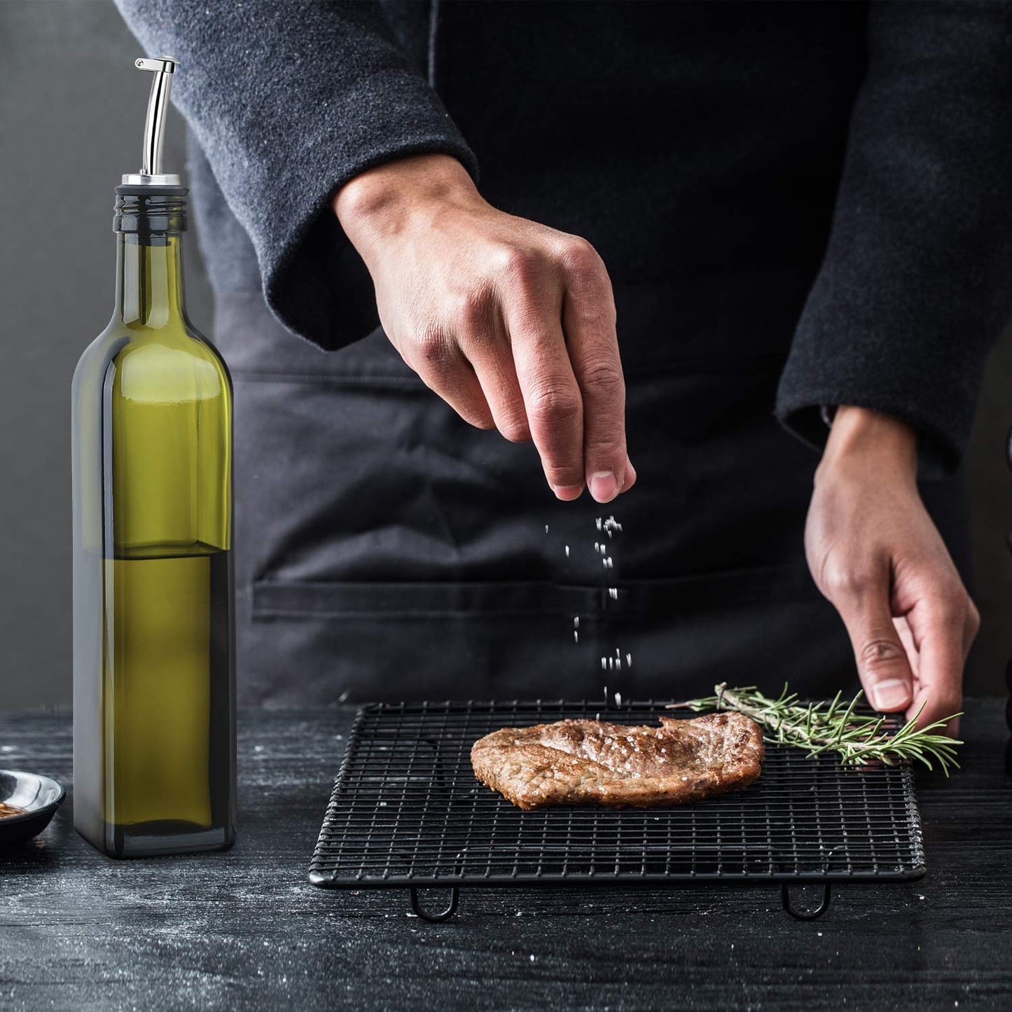 AOZITA Glass Olive Oil Dispenser Bottle Set - 500ml Dark Green Oil & Vinegar Cruet Bottle with Pourers, Funnel and Labels - Olive Oil Carafe Decanter for Kitchen, 17 Oz (Pack of 2)