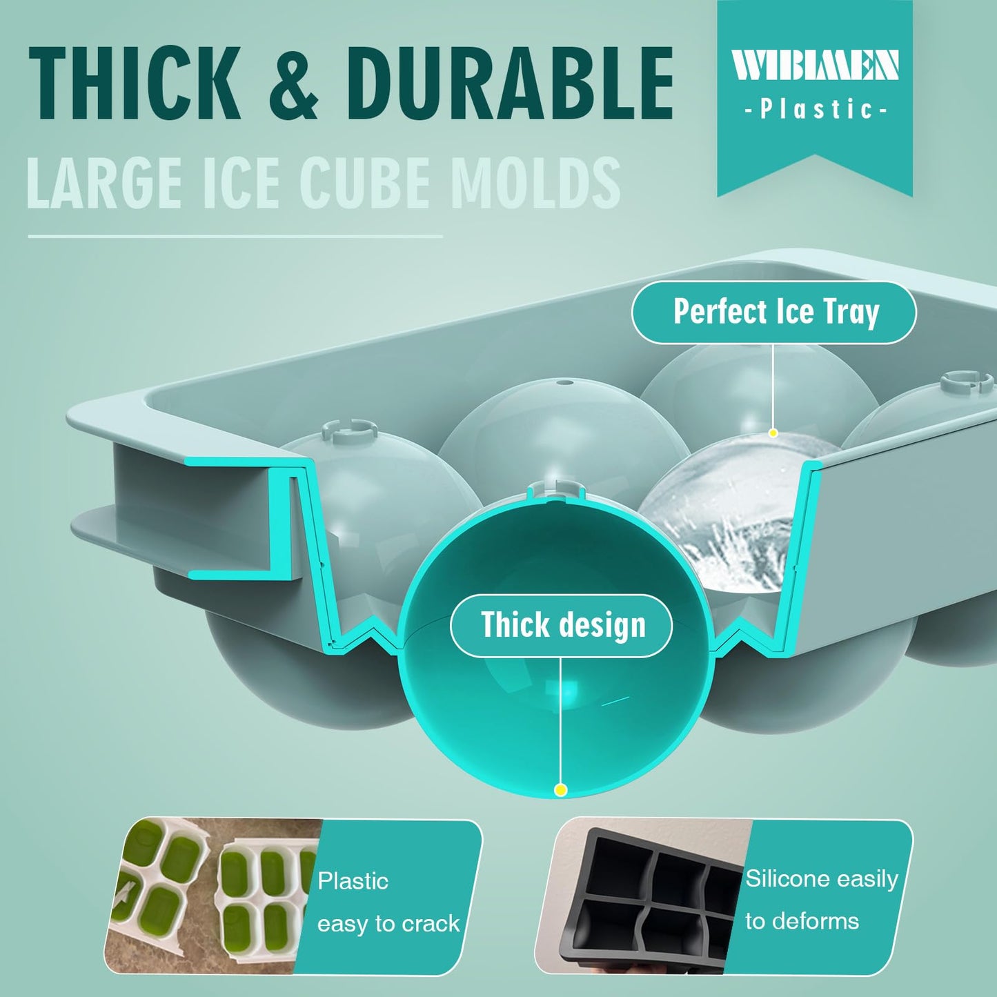 WIBIMEN Large Ice Cube Molds, Big Round Whiskey Ice Cube Trays for Freezer, Easy to Fill & Release, Whiskey Bourbon Cocktail(1.9In*6 Balls- Blue/2 Pack)