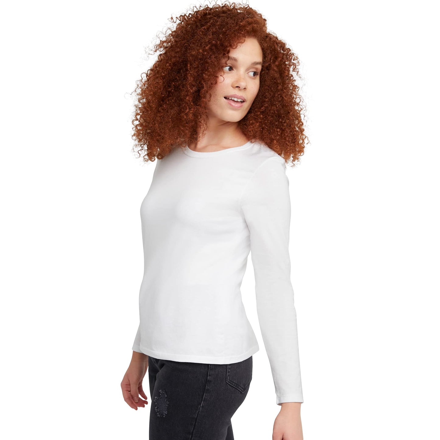 Hanes Long Sleeve Cotton T-Shirt, Lightweight Crewneck Tee for Women, Modern Fit, White