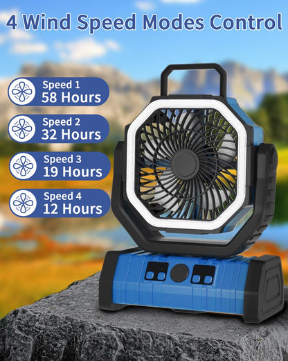 ADUST Camping Fan Battery Operated Powered Fan with LED Lantern Light 20000mAh Rechargeable Portable Oscillating, 360° Rotation Hanging Hook for Tents, Cordless USB Desk Fan(Blue)