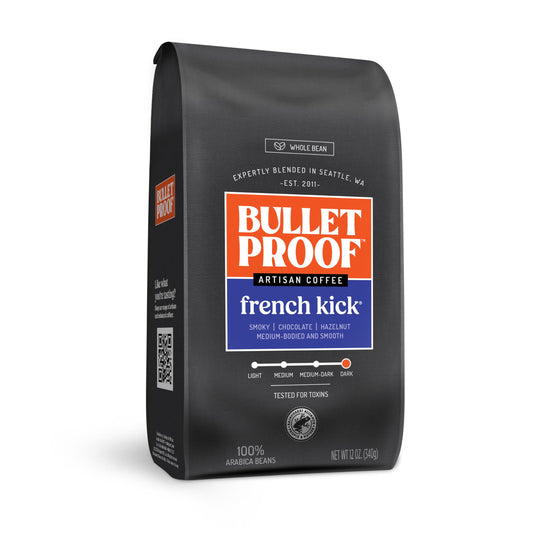 Bulletproof French Kick Dark Roast Whole Bean Coffee, 12 Ounces, Clean Coffee Tested for Toxins, Packaging May Vary