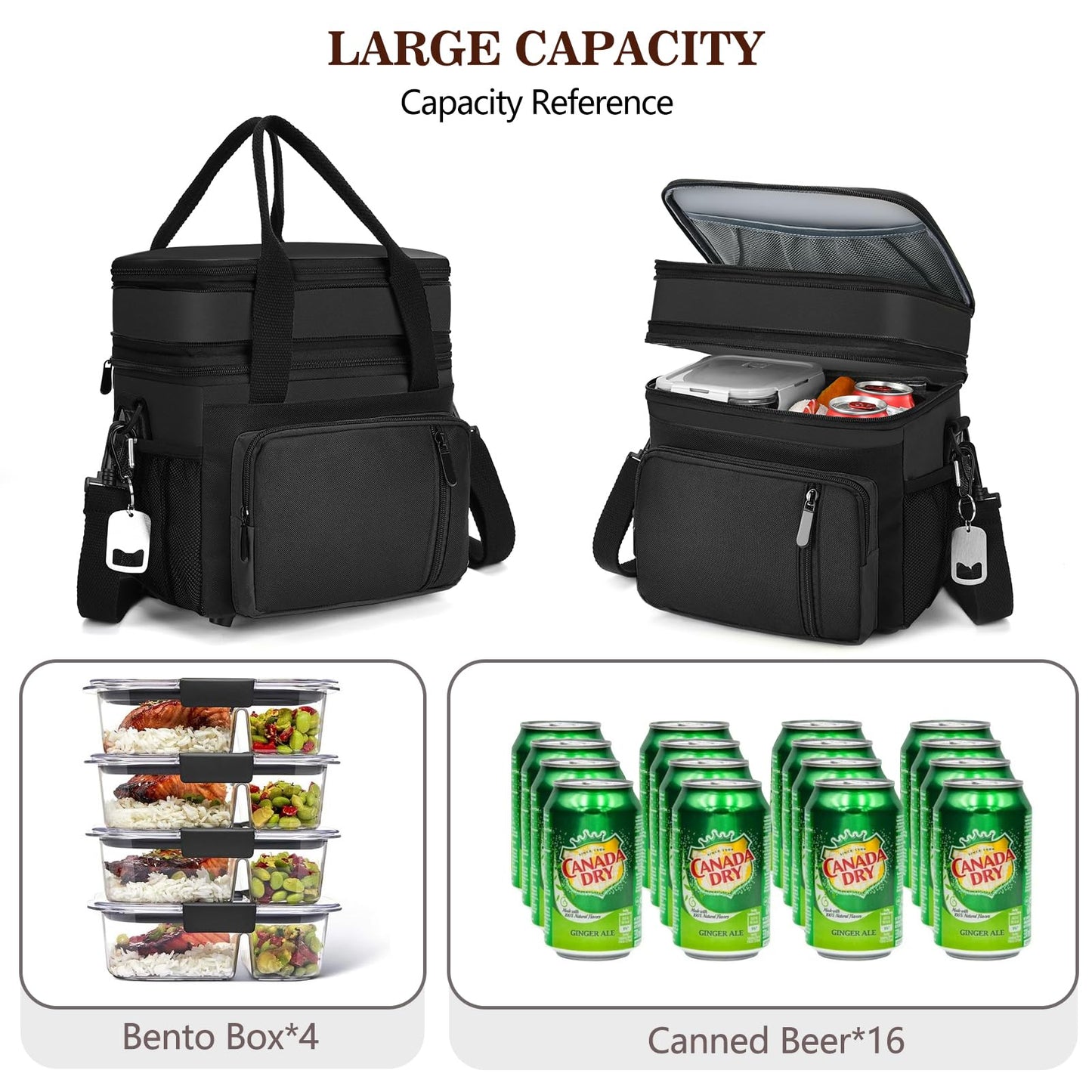 BAGNN Lunch Box & Lunch Bag for Men Women, Large Insulated Adult Lunch Box, Leakproof Cooler Lunchbox with Bottle Opener for Work Picnic Beach, 16L, Black