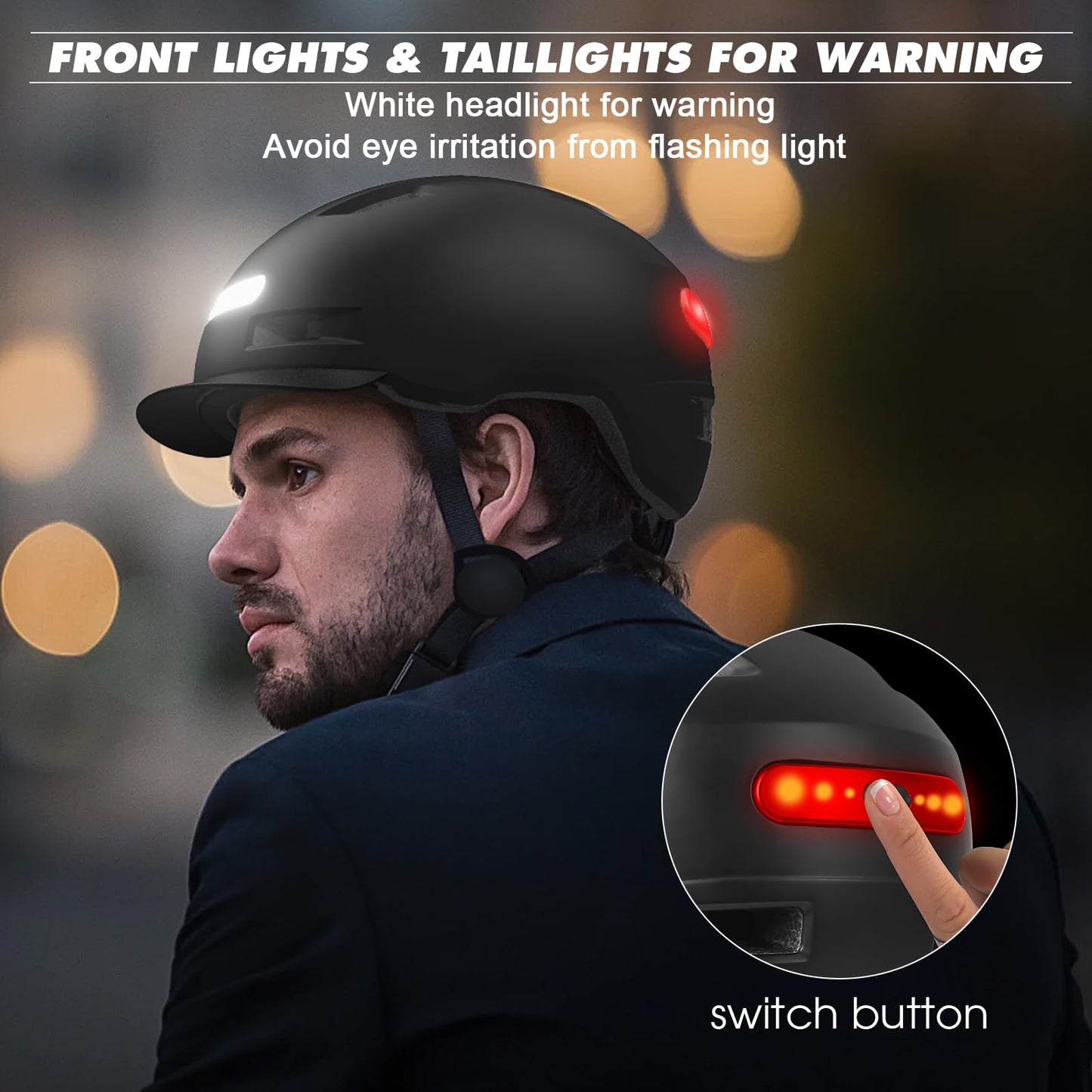 Bike Helmet, Shinmax Adult Cycling Helmet with USB Rechargeable LED Front and Back Light Bicycle Helmets for Men Women (Black, Large)