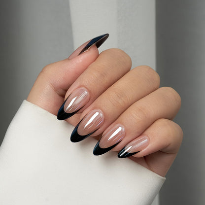 BTArtbox French Tip Press On Nails - Short Almond Press on Nails, Glue On Nails for Gift, Natural Reusable Stick On Nails in 15 Sizes - 30 Fake Nails Kit, Black Swan