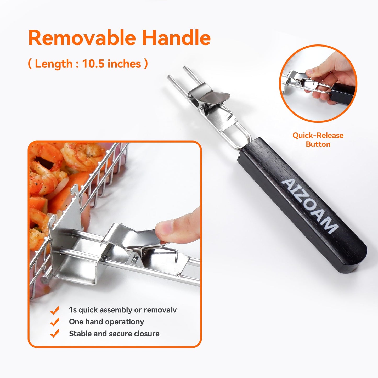 AIZOAM Grill Basket - Grill Baskets for Outdoor Grill, Stainless Steel Large Grilling Basket w Removable Handle, Portable Fish Grilling Rack for Grill Ideal Meat Fish Vegetables Grilling Accessories