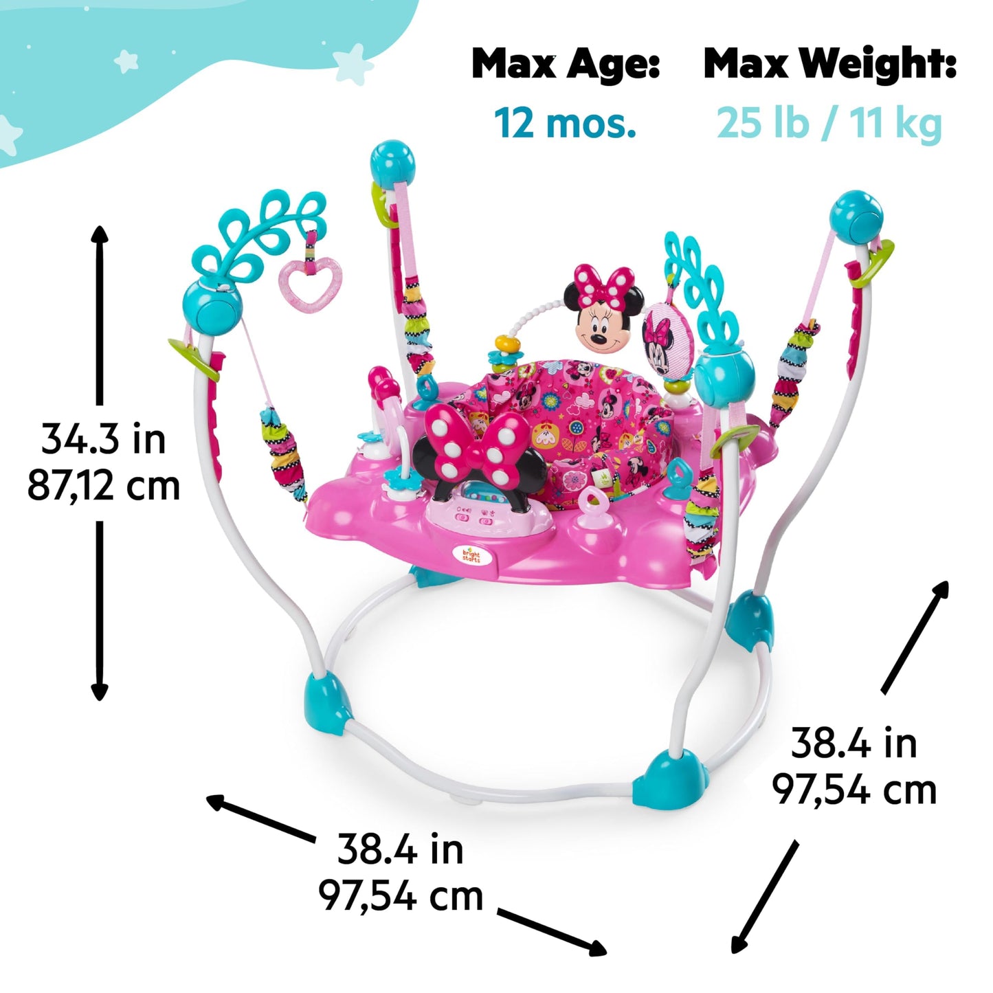 Bright Starts Disney Baby MINNIE MOUSE PeekABoo Baby Activity Center Jumper with 8 Toys, Lights & Sounds, 360-Degree Seat, 6-12 Months (Pink/Blue)