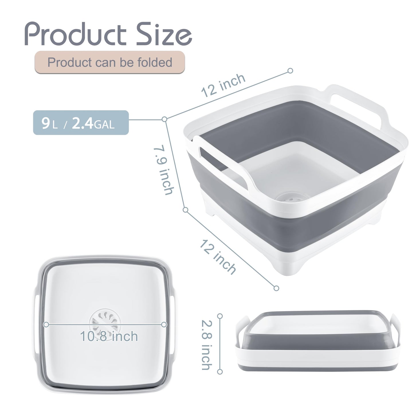 2.4 Gal(9L) Collapsible Dish Basin with Drain Plug, Space Saving Outdoor Multiuse Foldable Sink Tub, Dishpan, Kitchen Storage Tray for Camping, Vegetable Washing, RV (Gray)
