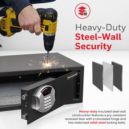 Honeywell Safes & Door Locks - Hotel Room Style Safe Box with Digital Lock - Fits 17" Laptop - LED Display Panel - Low Profile Steel Security Personal Safe for Money - 1.14 Cubic Feet - Black - 5105DS