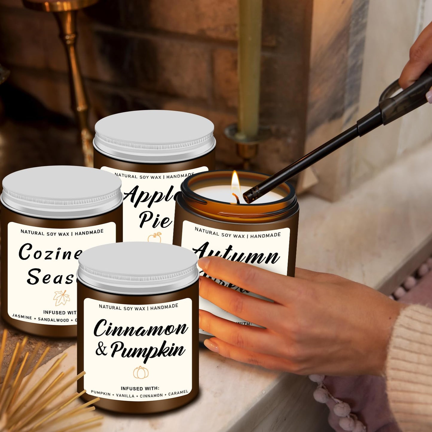 Homsolver Set of 4 Fall Scented Candles, Home Fall Decor, Candles Gifts for Women Men - Apple Pie/Autumn Wreath/Cozy Season/Cinnamon Pumpkin Scented for Autumn