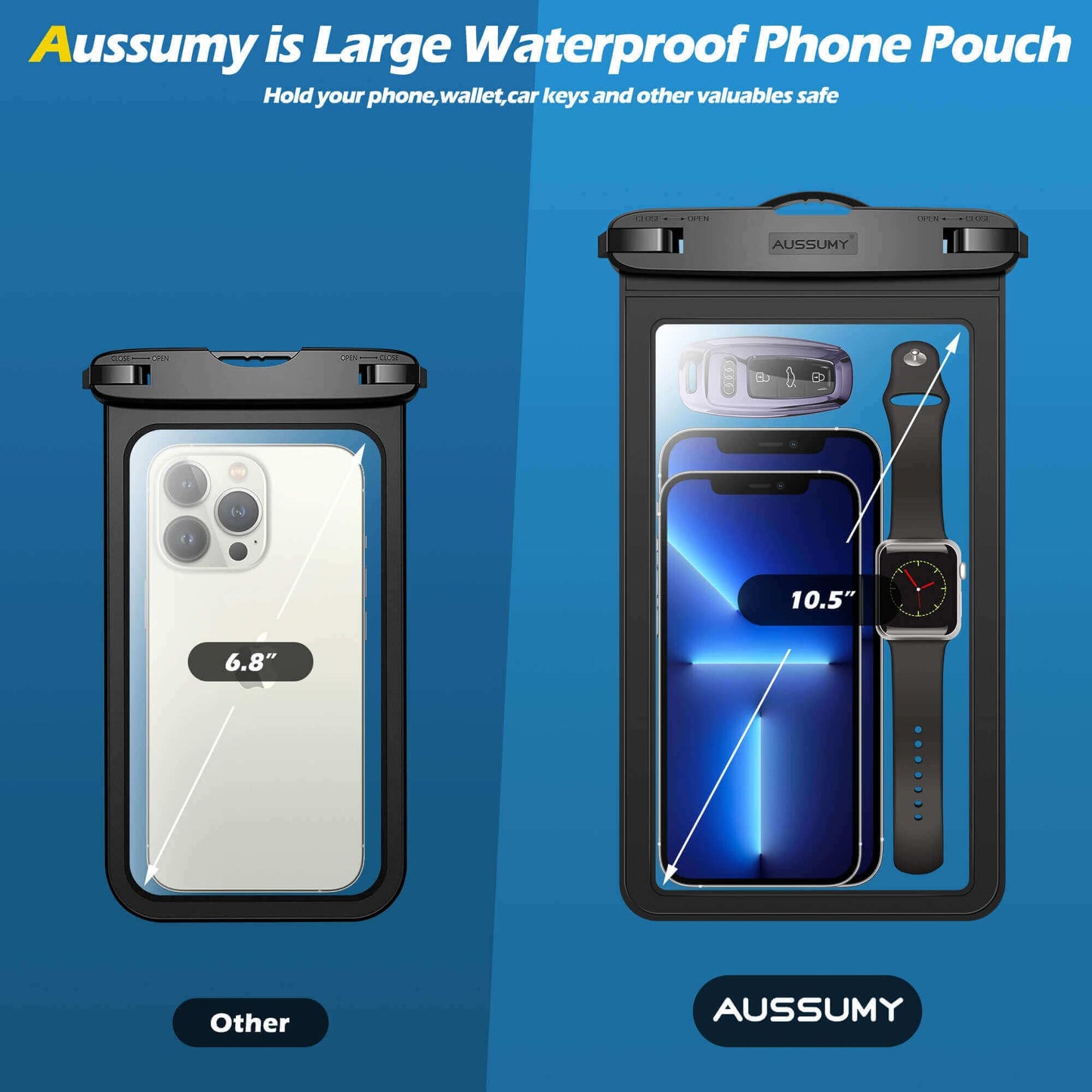 4 Pack 10.5“ Large Waterproof Phone Pouch - Underwater Clear Cell Holder - Universal Water Proof Dry Bag with Neck Lanyard for iPhone 16 Pro Max Samsung Galaxy with Heavy Case for Beach Swimming Pool