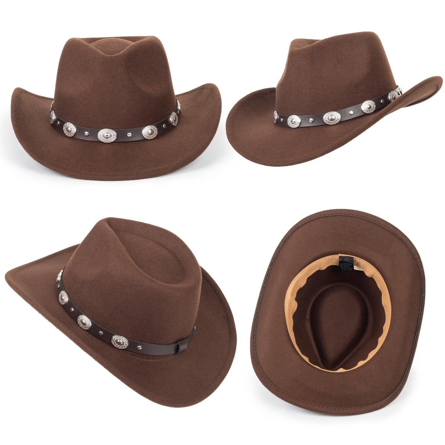 Womens Classic Roll Up Western Cowboy Hat Wide Brim Felt Fedora Hat for Men Brown