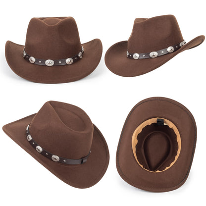 Womens Classic Roll Up Western Cowboy Hat Wide Brim Felt Fedora Hat for Men Brown