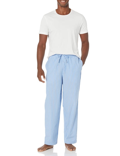Amazon Essentials Men's Straight-Fit Woven Pajama Pant with Pockets, Light Blue Stripe, Medium