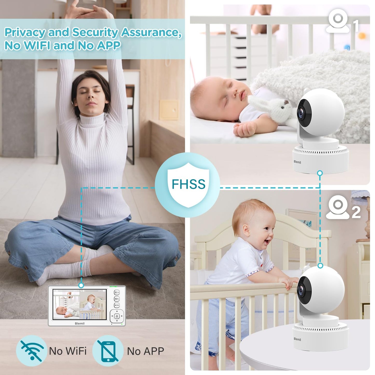 Blemil Baby Monitor with 2 Cameras and Audio, 4.3'' IPS Split-Screen Monitor with 29-Hour Battery, 1000ft Range Pan-Tilt-Zoom Video Baby Monitor No WiFi, 2X Zoom