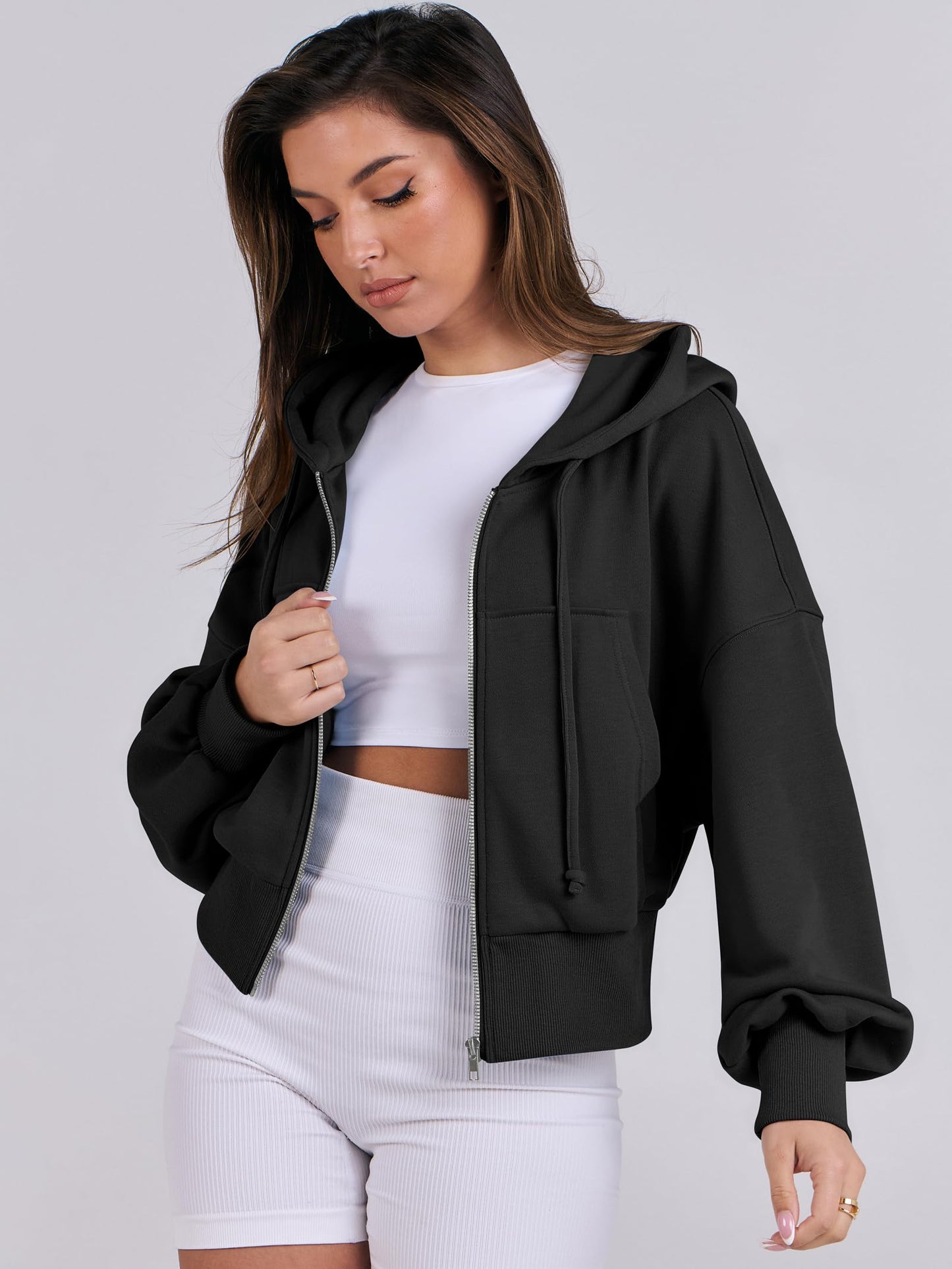 ANRABESS Women's Zip Up Hoodies Cropped Sweatshirts Casual Zip Jackets 2025 Fashion Trendy Fall Outfits Black Large