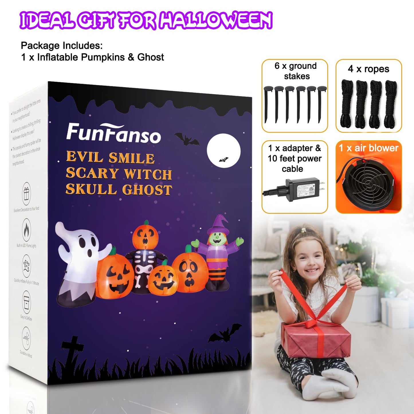 8FT Length Halloween Inflatables Pumpkin Outdoor Decoration, Witch, Ghost, with Blow Up Pumpkin Inflatables Decorations Built-in LED Lights & Powerful Air Blower for Party Garden Halloween Decor