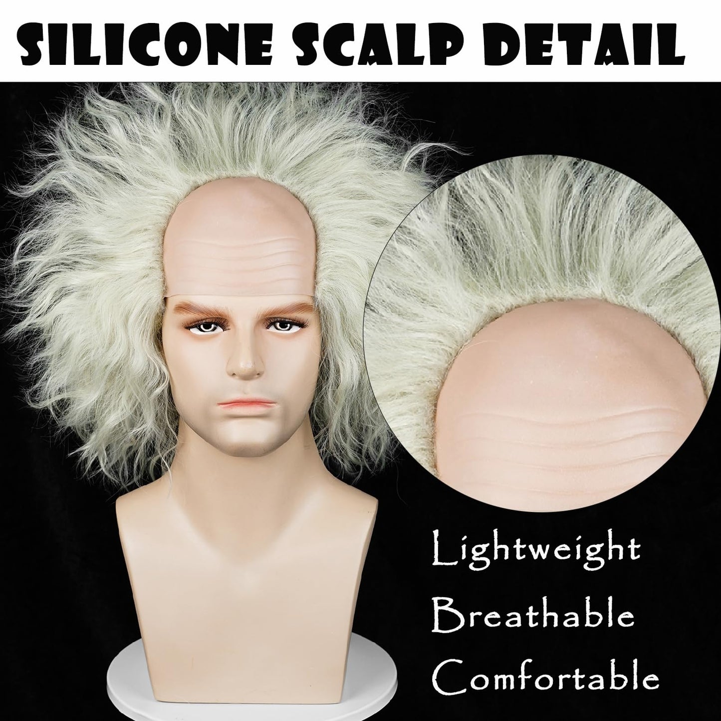 Wiggy Mermaid Unisex Silver Light Green Bald Wig Men, Short Wavy Old Man Wig Fluffy Crazy Funny Wigs + Cap for Movie Halloween Costume Party Cosplay
