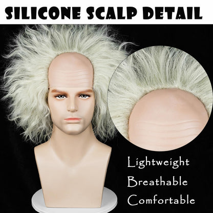 Wiggy Mermaid Unisex Silver Light Green Bald Wig Men, Short Wavy Old Man Wig Fluffy Crazy Funny Wigs + Cap for Movie Halloween Costume Party Cosplay