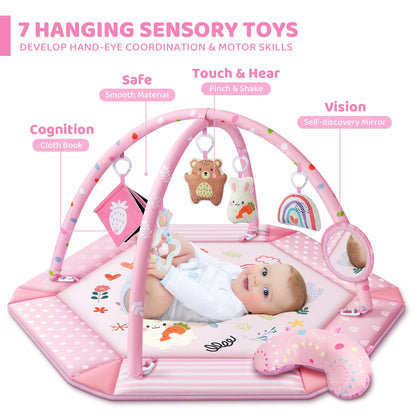 Baby Gym Play Mat, 8-in-1 Tummy Time Mat & Ball Pit with 6 Toys, Washable Baby Activity Mat for Visual, Hearing, Sensory, Motor Development, Baby Gift Newborn Infant 0-3-6-9-12 Months (Pink)
