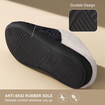 Black Slippers for Women Fuzzy House Slip on Indoor Outdoor Bedroom Furry Fleece Lined Ladies Comfy Memory Foam Female Home Shoes Anti-Skid Rubber Hard Sole Black Size 11-12