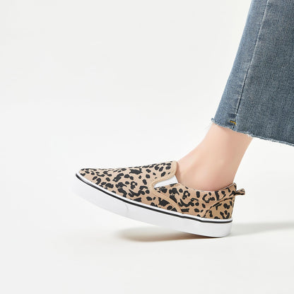 Women's Canvas Slip On Sneakers Fashion Flats Shoes White Canvas Shoes (Leopard, US5.5)