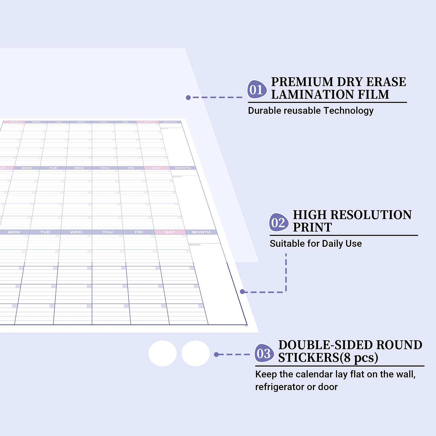 BooQool Large Dry Erase Calendar for Wall - Undated 3 Month Calendar, 27.7'' x 40'', Erasable & Reusable Laminated White Board with 8 Round Stickers, Vertical Layout Home, Office and School