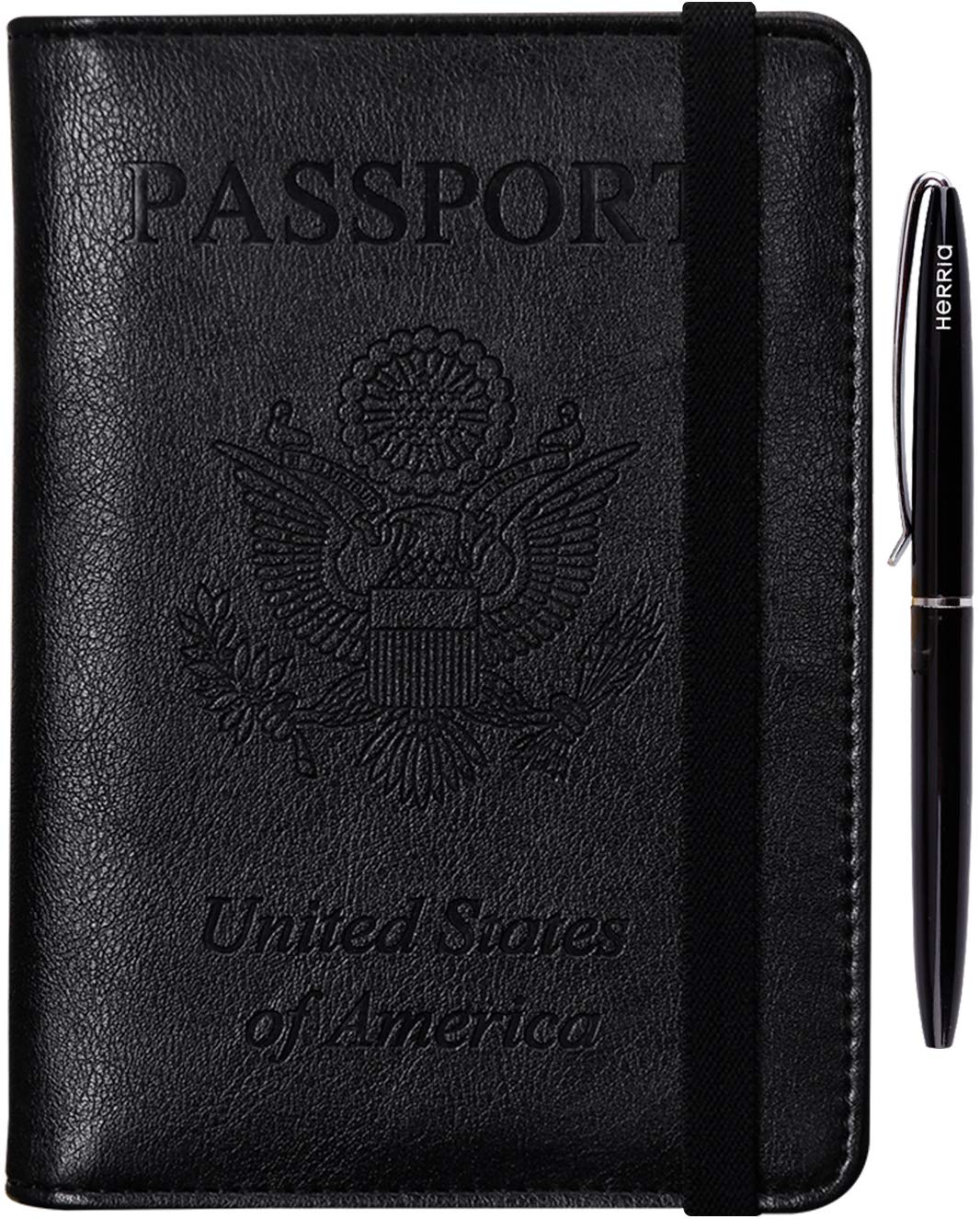 HerriaT Leather Passport Holder Cover Case RFID Blocking Travel Wallets Card Case for Women Men(Black)