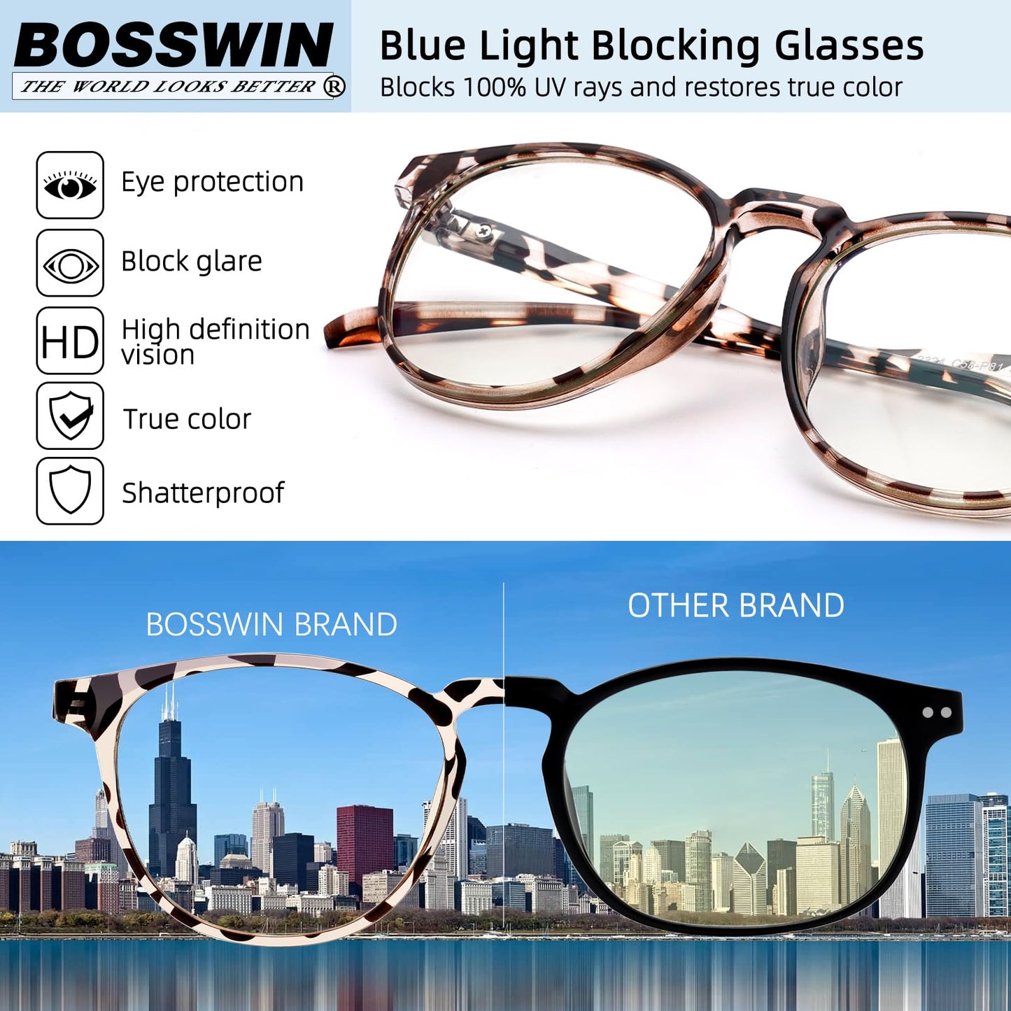 BOSSWIN Blue Light Blocking Glasses for women/men - 4Pack Computer Reading/Gaming/TV/Phones Glasses Anti UV Glare Eyestrain