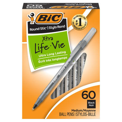 BIC Round Stic Xtra Life Ballpoint Pen, Ultra Long Lasting and Consistent Ink Flow, 60-Count in Black Ink