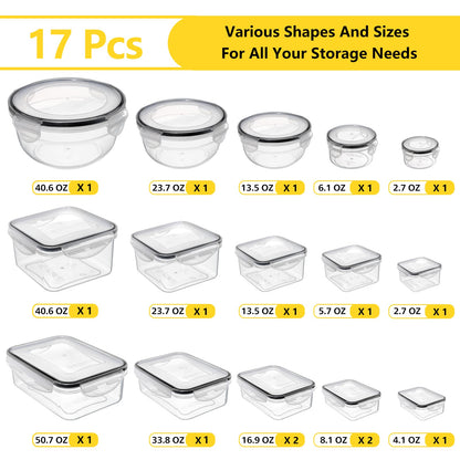 34 PCS Food Storage Containers Set with Airtight Lids (17 Lids &17 Containers) - BPA-Free Plastic Food Container for Kitchen Storage Organization, Fruit Meal-prep Containers with Labels & Marker