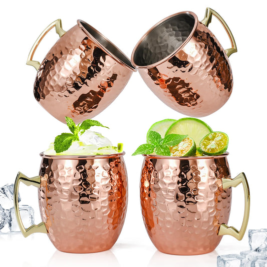 Amrules Moscow Mule Mugs Set of 4, 16 OZ Hammered Copper Cups with 304 Stainless Steel Lining and Gold Brass Handles, for Cold Drinks, Beer, Wine, Bars, Parties