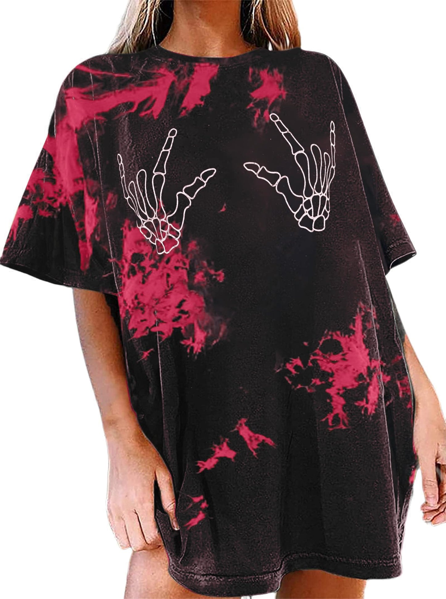 Avanova Women Tie Dye Skull Graphic Oversized Tees Vintage Skeleton Hands Loose Fit T Shirt Black Red X-Large