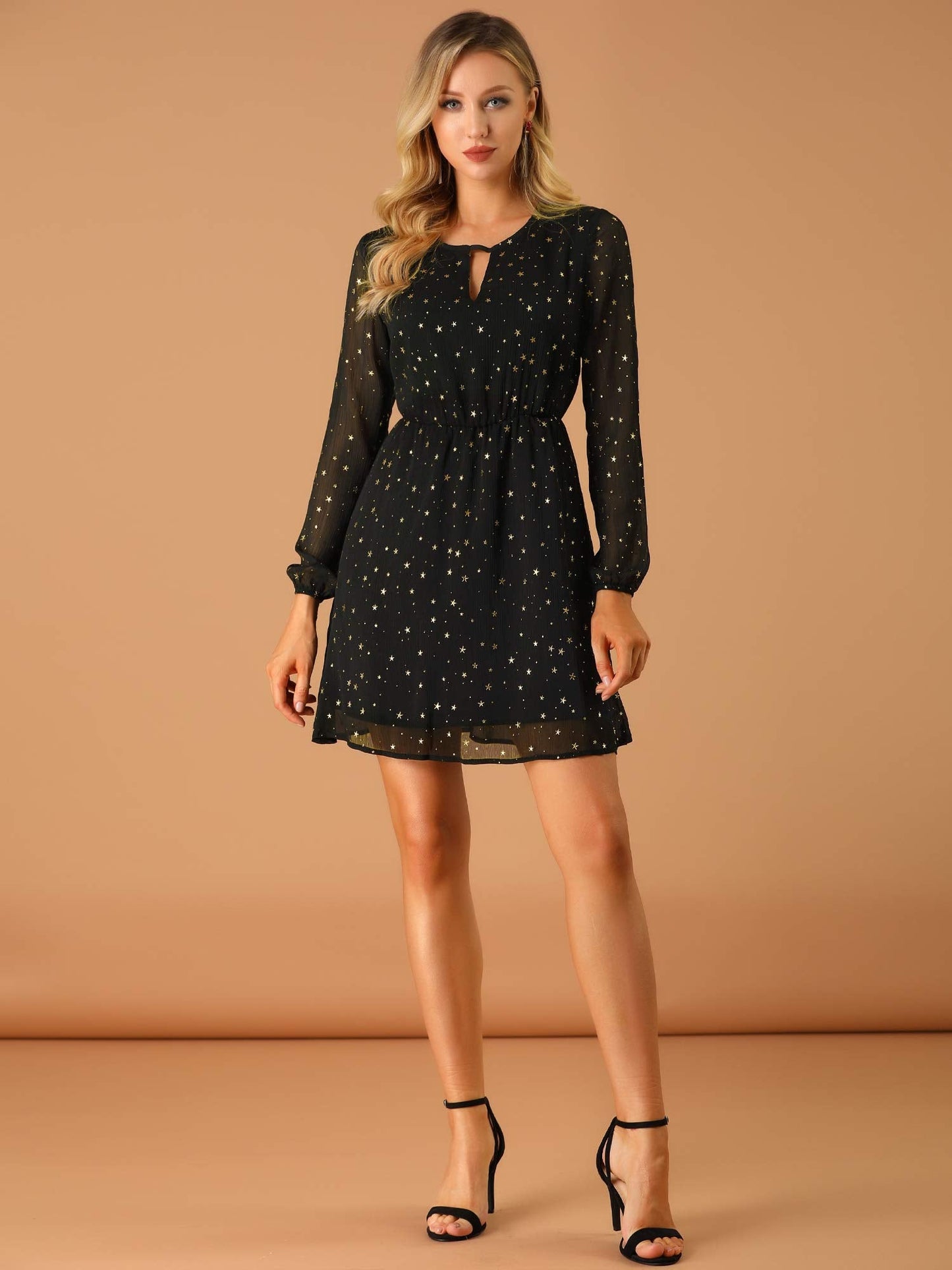 Allegra K Women's Choker V Neck Gilding Metallic Star Halloween Party Flared A-Line Dress Medium Black