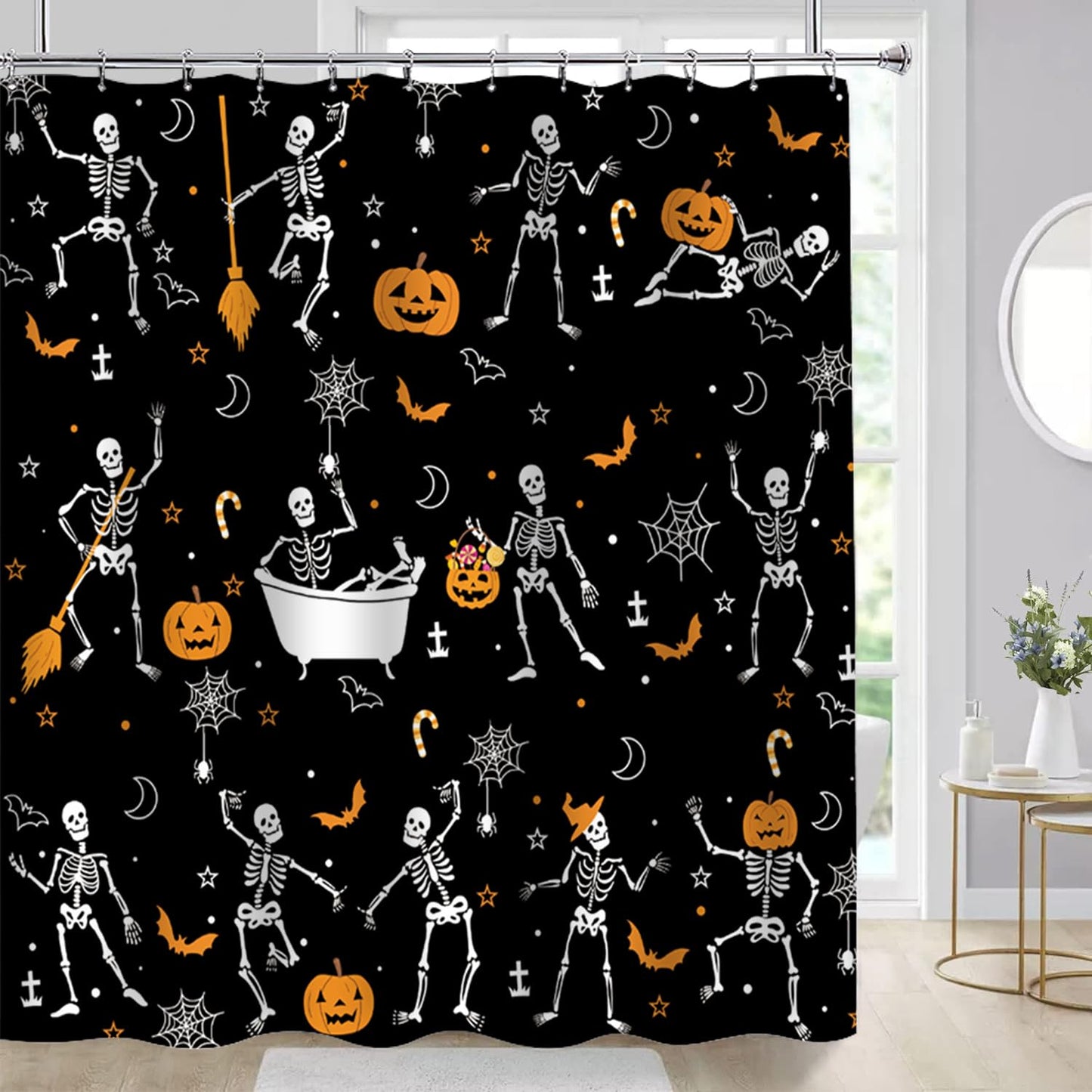 Atwqevon Halloween Shower Curtain, Ghost Shower Curtain Set, Black Fall Shower Curtains for Bathroom Decor, Spooky Shower Curtain Halloween Curtains, Waterproof Bathroom Curtain with Hooks 72"X72"