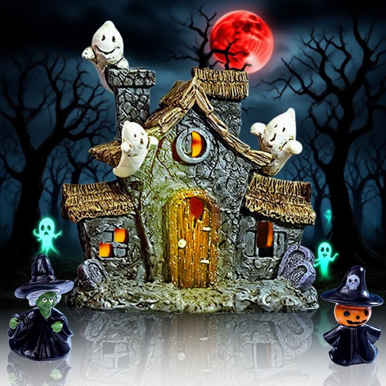 Warmtree Halloween Villages Decoration, Halloween Ghost House Resin Statue Ghosts Figurine Witch Decor for Table Outdoors Indoor Home Party Decor,5 Inch