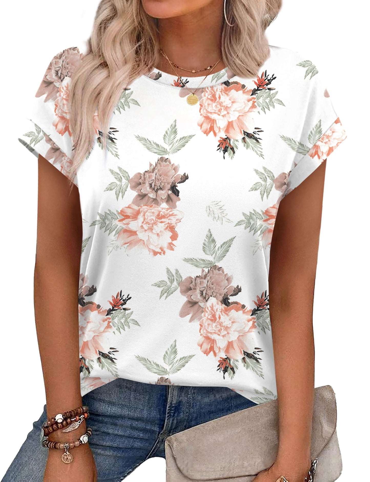 Alaroo Womens Spring Tops Casual Crew Neck Shirts Short Sleeve Tunic Basic Tees Print 02 L