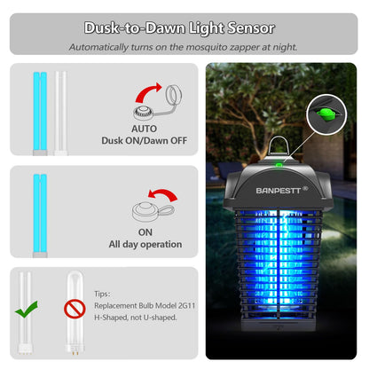 BANPESTT Bug Zapper Outdoor, Mosquito Zapper with Dusk-to-Dawn Light Sensor, Waterproof Fly Zapper, Electric Mosquito Killer for Garden, Patio, Balcony, Courtyard(Black