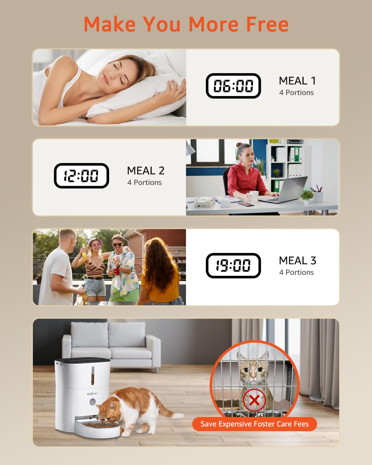 Balimo Automatic Cat Feeder, 3L, Stainless Steel Bowl, 1-6 Meals a Day, White