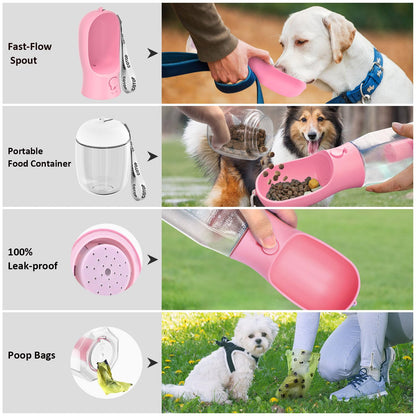 20oz Dog Water Bottle with Food Container & Poop Bag Dispenser | Leak-Proof Portable Pet Water Dispenser with Carabiner Clip | for Walking, Hiking, Travel