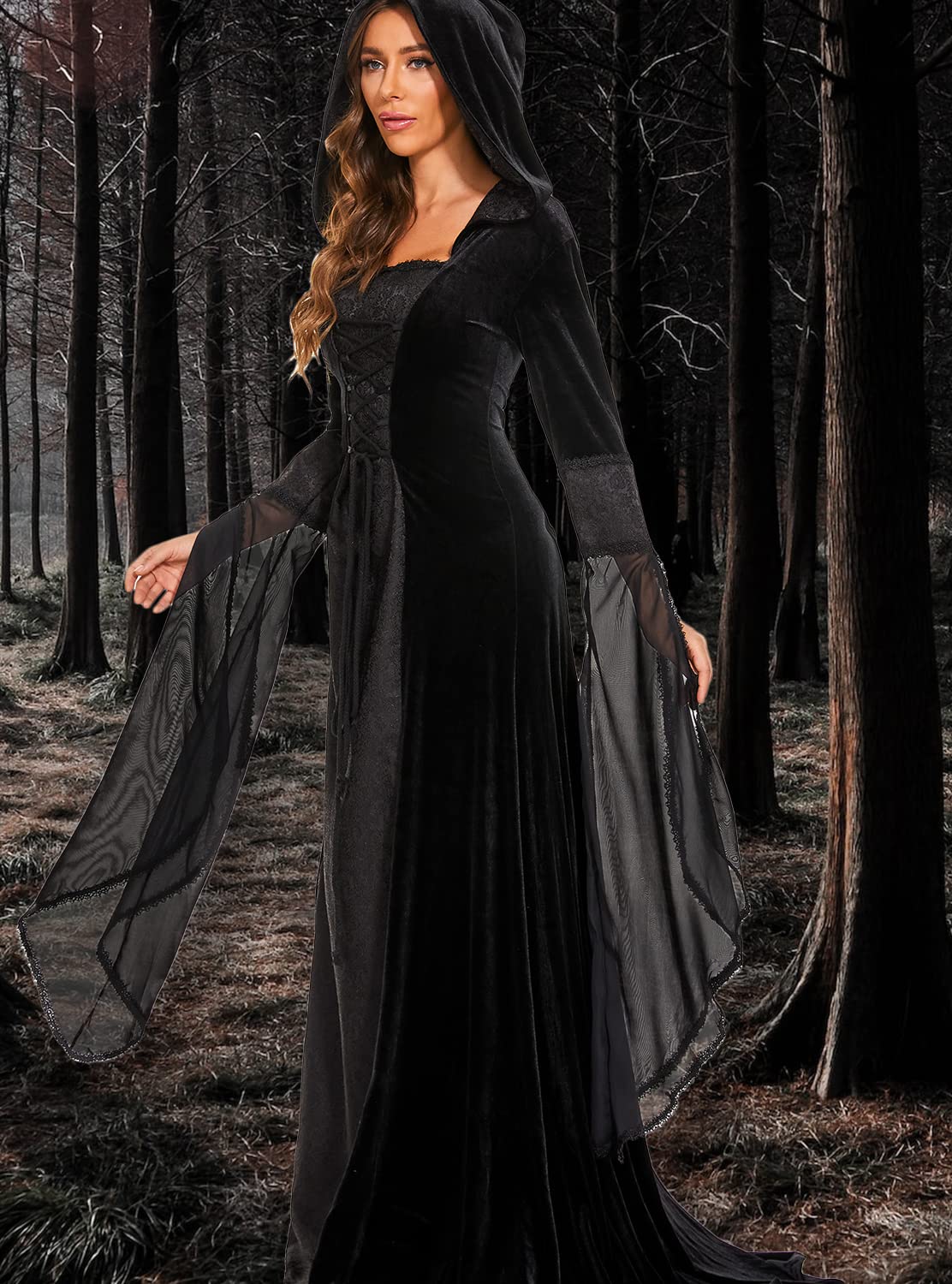 BITSEACOCO Deluxe Witch Dress Costume for Women, Vintage Embroidered Renaissance Victorian Gothic Hooded Vampire Gown Dress Cosplay (Black, L)