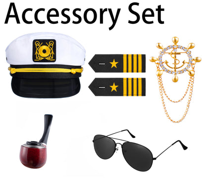 6PCS Men's Yacht Captain Sailor Costume Adult Shirt Hat Accessories Set Party Cosplay X-Small White