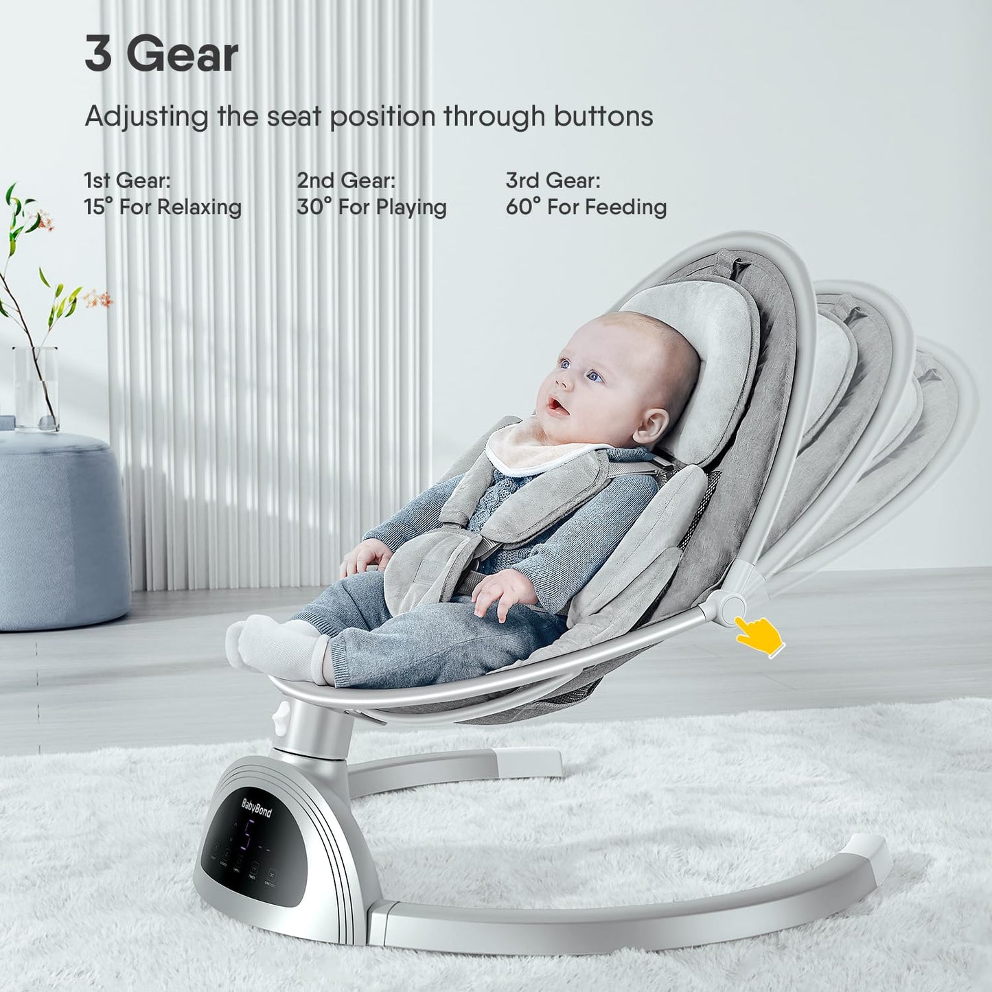 BabyBond Baby Swings for Infants, Bluetooth Infant Swing with Music Speaker, 3 Seat Positions, 5 Point Harness Belt, 5 Speeds and Remote Control - Portable Baby Swing for Indoor and Outdoor (Silver)
