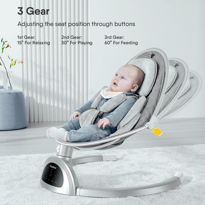 BabyBond Baby Swings for Infants, Bluetooth Infant Swing with Music Speaker, 3 Seat Positions, 5 Point Harness Belt, 5 Speeds and Remote Control - Portable Baby Swing for Indoor and Outdoor (Silver)