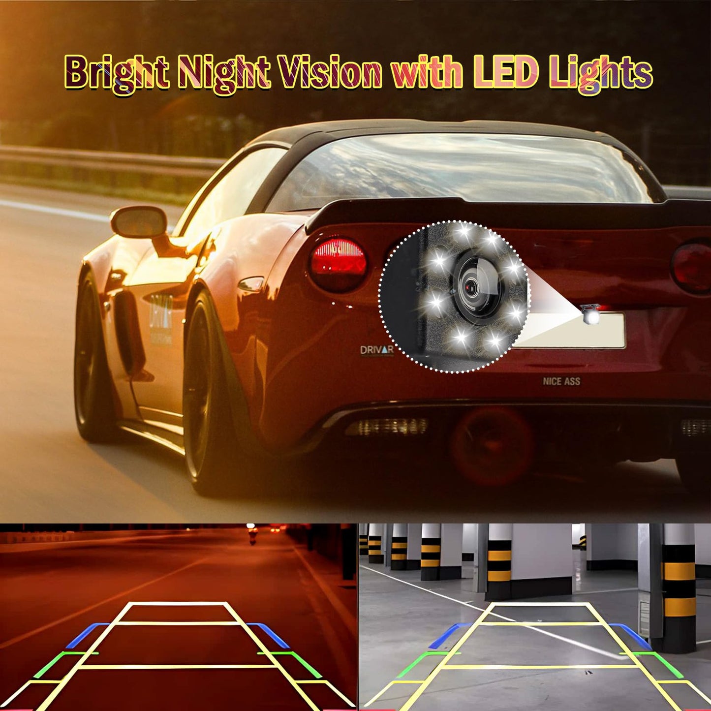 Back Up Camera for Cars, Waterproof 170° View Angle Long License Plate Frame Camera, 8 LEDs Night Vision, Universal Rear View Video for Trucks, Pickup, Vans, SUV, RV