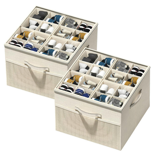 Aokeyee Shoe Organizer for Closet,2 Pack Foldable Shoe Storage Organizer Box Bin with Adjustable Dividers and Clear Cover, Fits up to 16-32 Pairs (Beige)