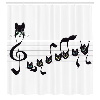 Ambesonne Music Shower Curtain, Notes of Kittens Kitty Cat Art Notation of Tune in Halloween Theme Monochrome Style of Artwork, Cloth Fabric Bathroom Set with Hooks, 69" W x 75" L, Cream and Black